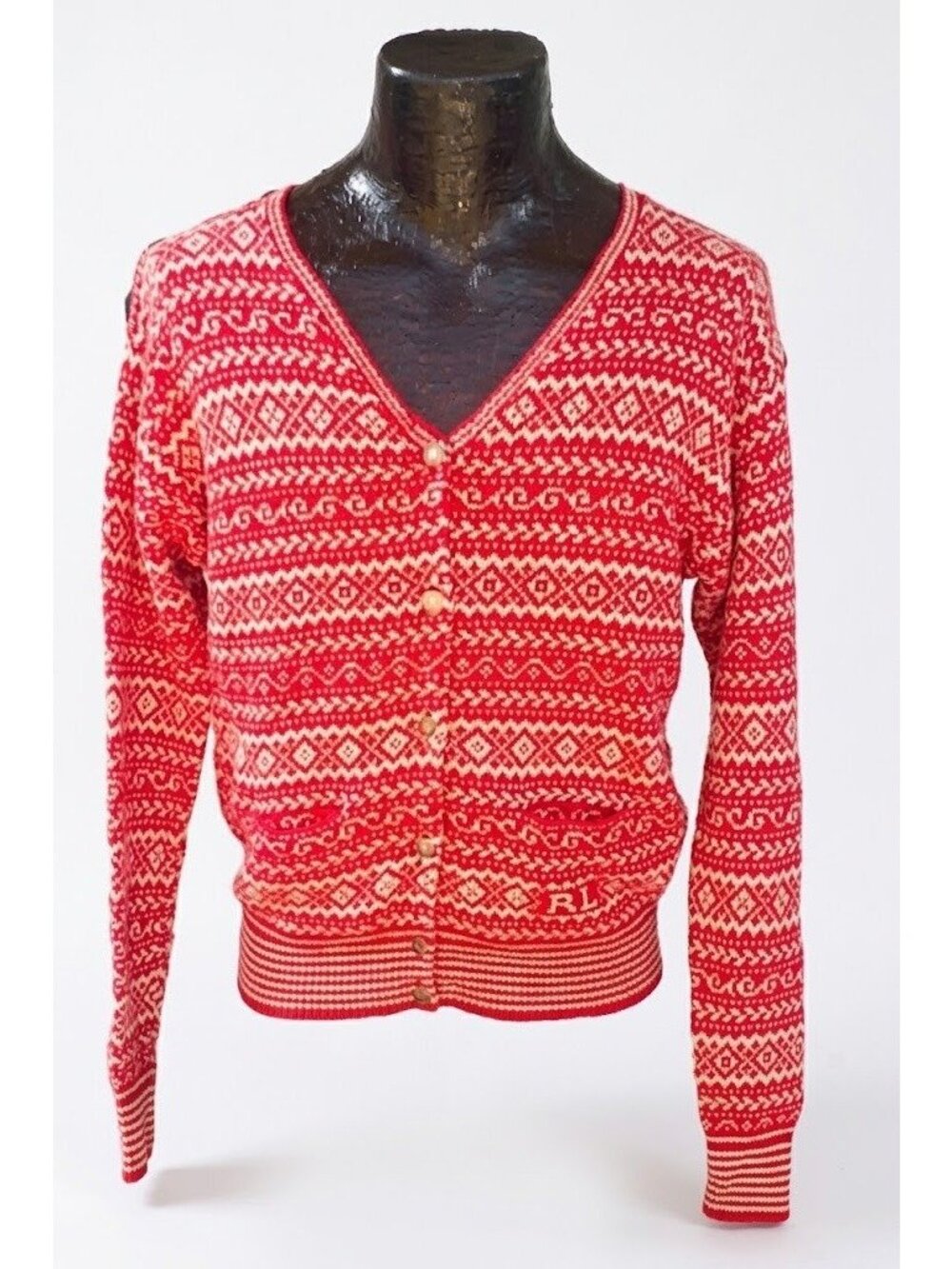Vintage Polo Sport Ralph Lauren Womens L Red Fair Isle Angora Blend Cardigan